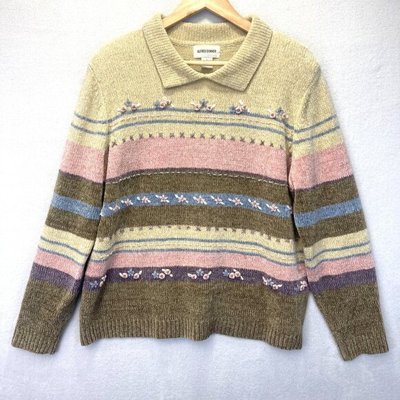 Alfred Dunner Pastel Striped Chenille Sweater Womens Large Collared Floral Knit - Picture 1 of 11
